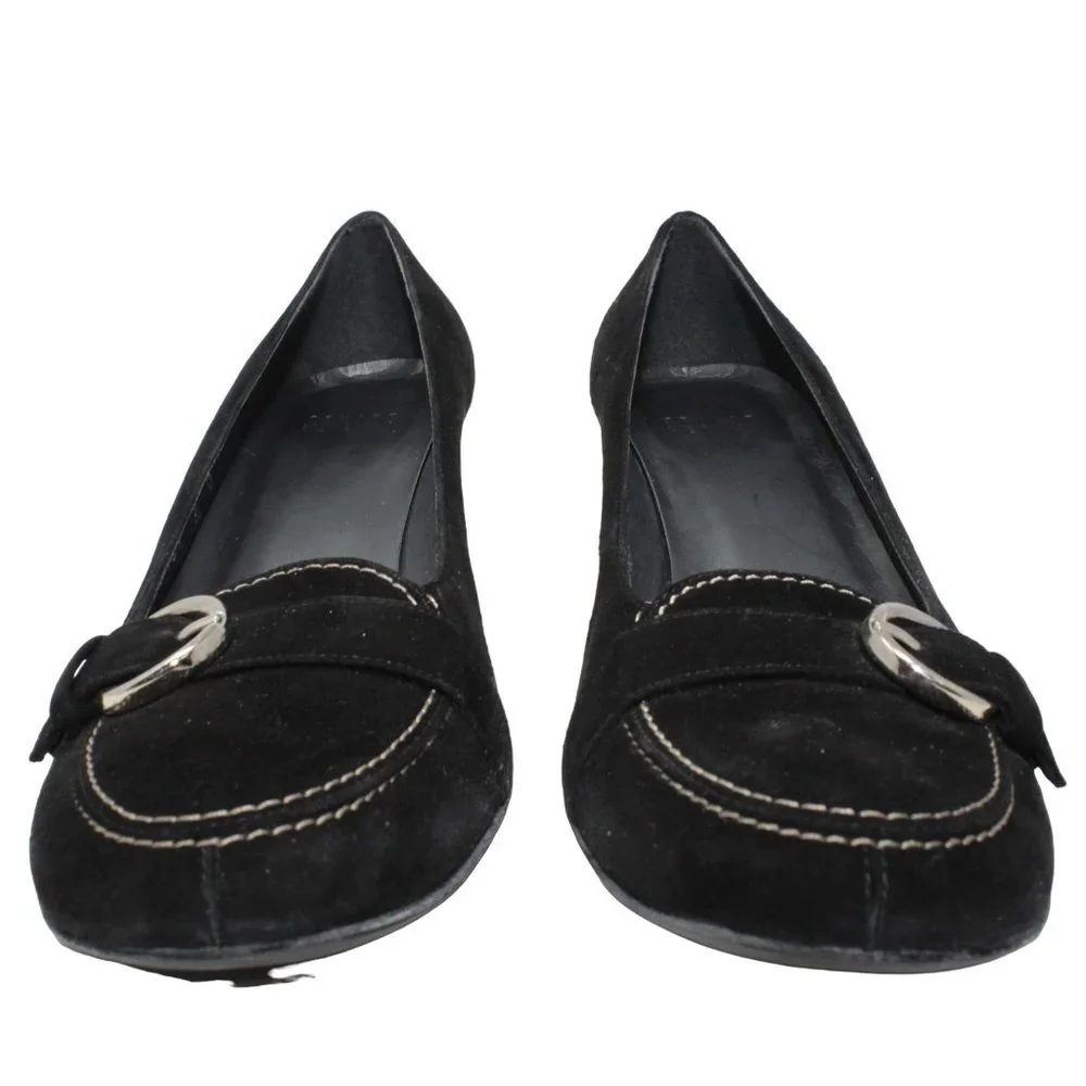 Stuart Weitzman Size 9M Black Suede Leather Madeline Buckle Detail Kitten Heels - Picture 3 of 11